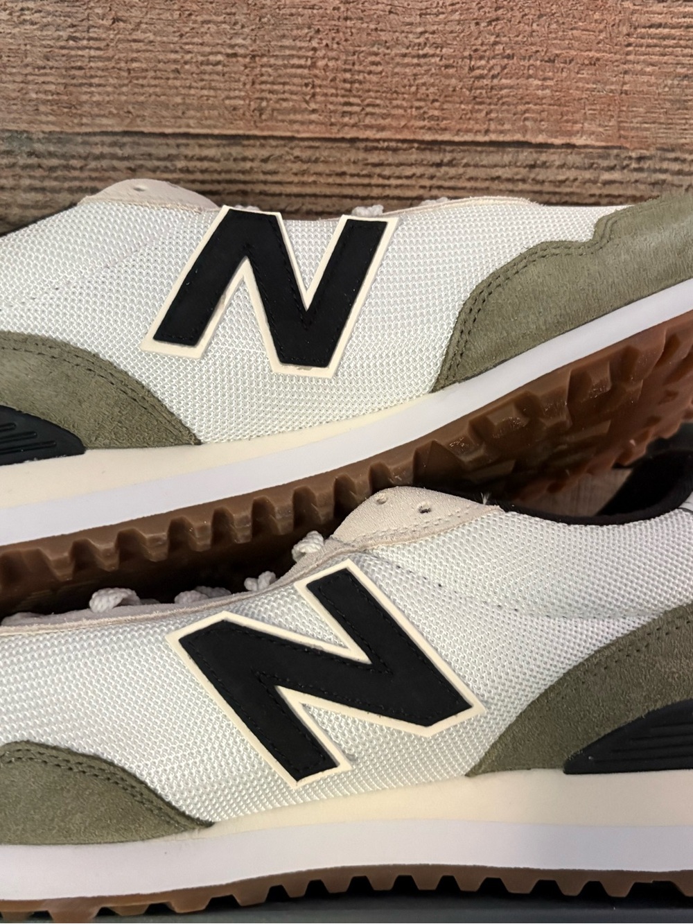 New Balance Off-White and Olive Green Retro Sneakers with Black N Logo